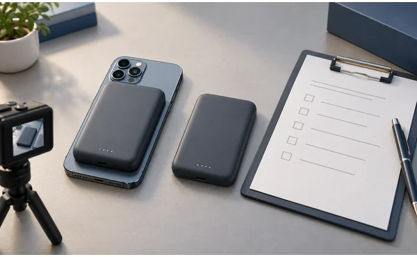 Conceptual inspection setup with a magnetic power bank sample and a blank checklist