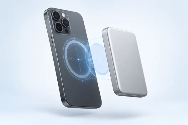 Conceptual illustration of a magnetic power bank aligned with a smartphone