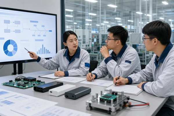 Chinese power bank factory team reviewing 8D root cause and corrective action evidence