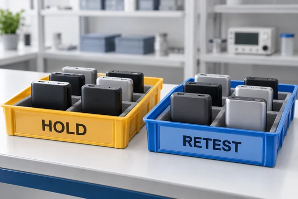 Geschlossene Powerbanks sind auf einer Prüfbank in mit HOLD und RETEST beschriftete Schalen getrennt.