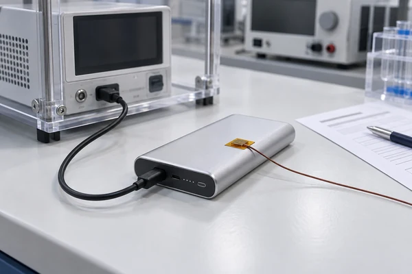 Geschlossene Powerbank, die mit einem Oberflächentemperaturfühler an Tischprüfgeräte angeschlossen ist.