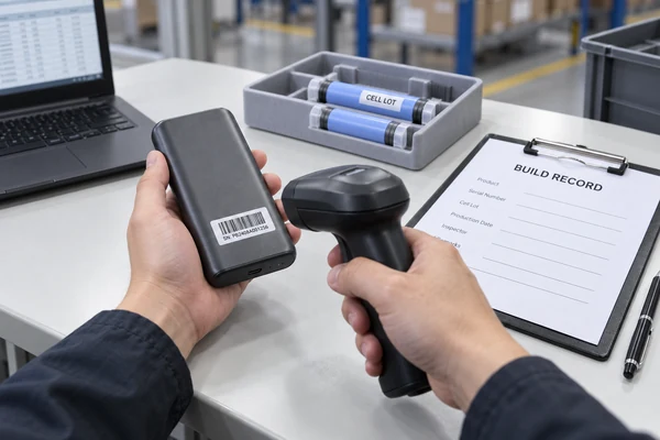 Prüfer scannt die Kennung einer Powerbank neben Zellchargen- und Produktionsaufzeichnungen.