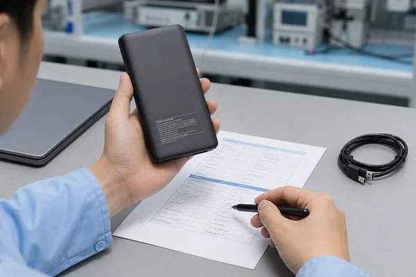 Engineer comparing a power bank rating label with its battery and output specifications