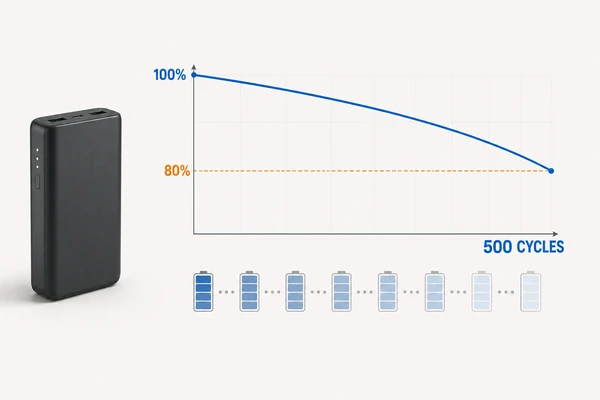 Power bank capacity-retention curve declining from 100% to 80% after 500 cycles