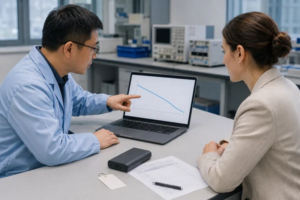 Buyer and engineer reviewing power bank discharge records and sample identification