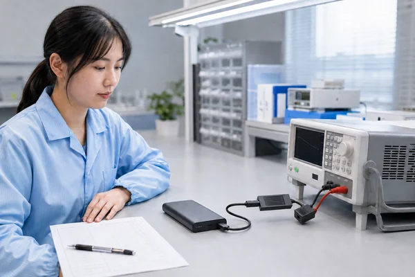 Engineer checking a power bank with a USB measurement instrument and electronic load