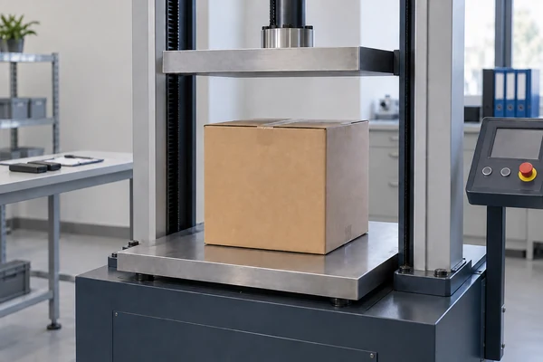 Sealed shipping carton positioned between the platens of a laboratory compression tester.