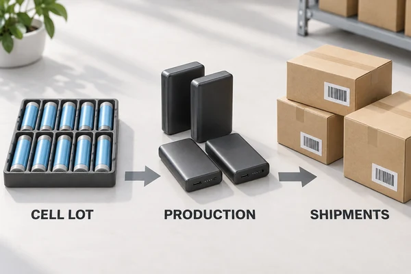 Illustrated trace from a cell lot to power bank production batches and shipment cartons.