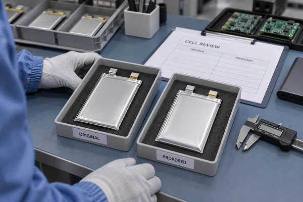 Original and proposed power bank cells compared for component change approval.