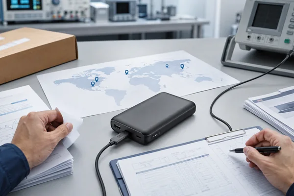 Compliance engineer reviewing a power bank against international market documents and test data