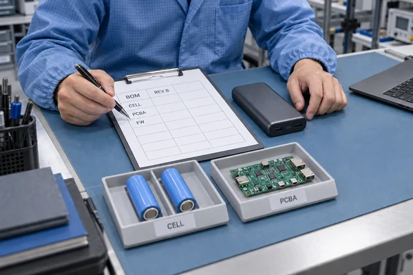 Ingenieur prüft eine Powerbank-Stückliste zusammen mit Akkuzellen und Leiterplattenbaugruppen.