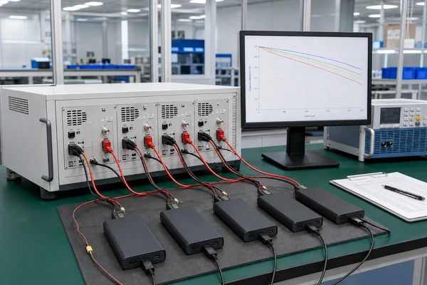 Finished power banks connected to a multi-channel cycle-life test bench
