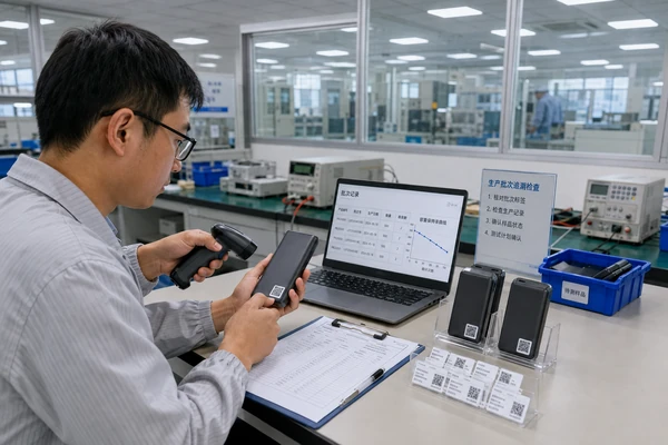 Chinese quality engineer scanning QR lot labels for power bank cycle-life traceability