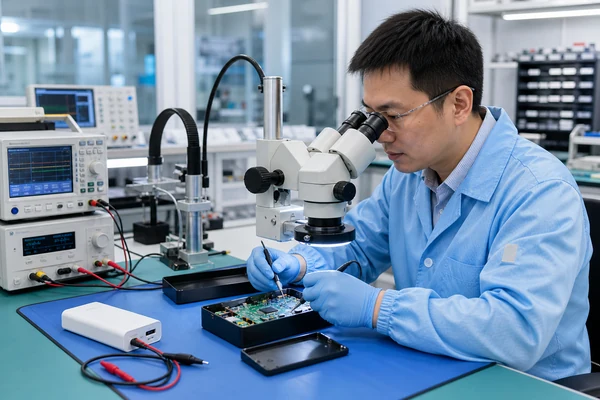 Chinese reliability engineer examining a power bank PCBA during controlled failure analysis