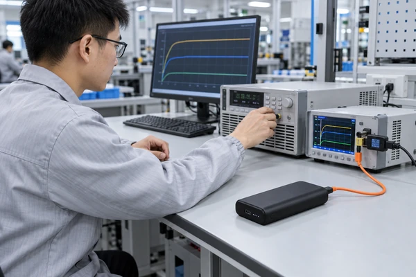 A fast-charging claim should be tested at the USB port of the finished power bank, not inferred from the charging IC or copied from a catalogue. For each claimed mode, confirm what the port advertises, negotiate that mode with suitable test equipment, apply the specified load and record voltage, current, power, temperature and shutdown behaviour.