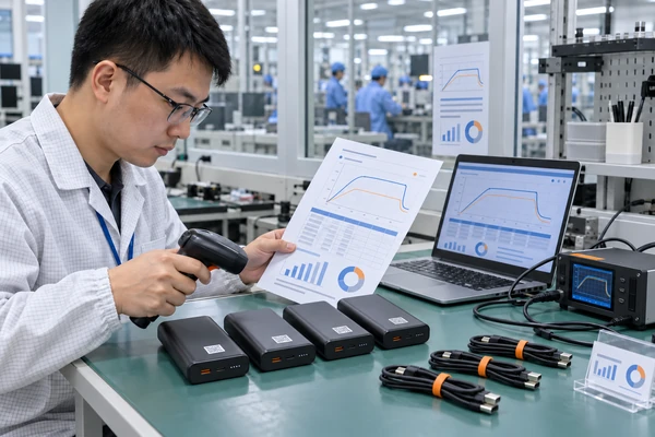 Quality engineer reviewing a traceable USB-C PD test report with labelled power bank samples and reference cables