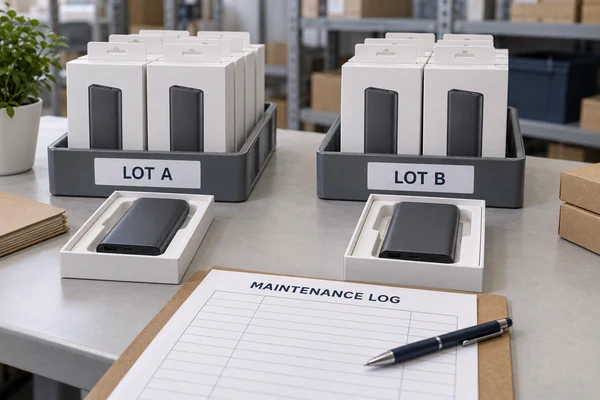 Separate groups of boxed power banks marked LOT A and LOT B beside a maintenance record.