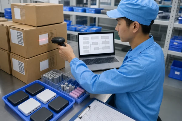Chinese power bank factory technician tracing product and battery cell lots with a barcode scanner