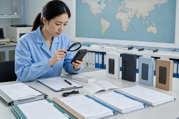 Chinese compliance engineer checking power bank labels, packaging and market-specific documents