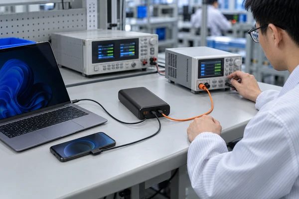 Multi-port power bank connected to a laptop, phone and electronic load for shared-power testing