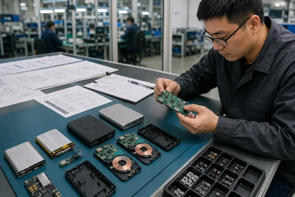Chinese quality engineer comparing power bank cells, PCB assemblies and wireless charging components