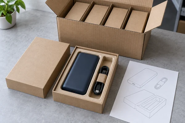 Power bank in a fitted paper insert beside a retail box and an open master carton.