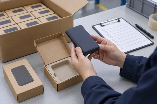 Inspector examining an intact power bank beside its retail packaging and a packing checklist.