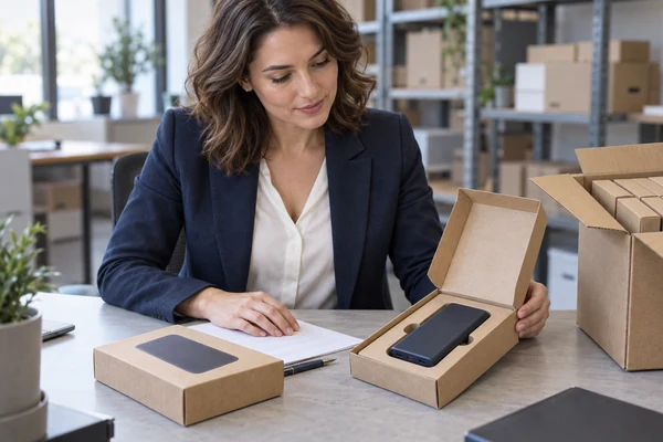 Woman reviewing power bank retail packaging and a shipping carton at a worktable.