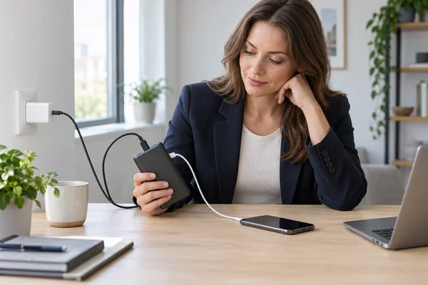 Woman reviewing a power bank connected to a wall charger and a smartphone.