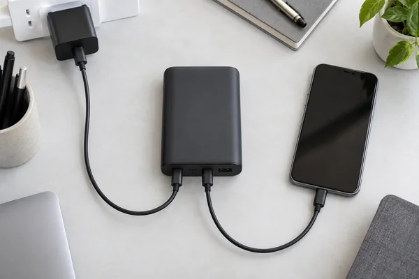 Power bank connected to a wall adapter and a smartphone through separate ports.