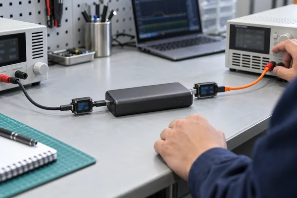 Power bank connected between bench instruments with inline USB meters on both cable paths.