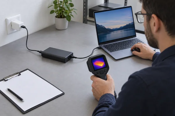 Engineer inspecting the temperature of a power bank connected to a charger and laptop.