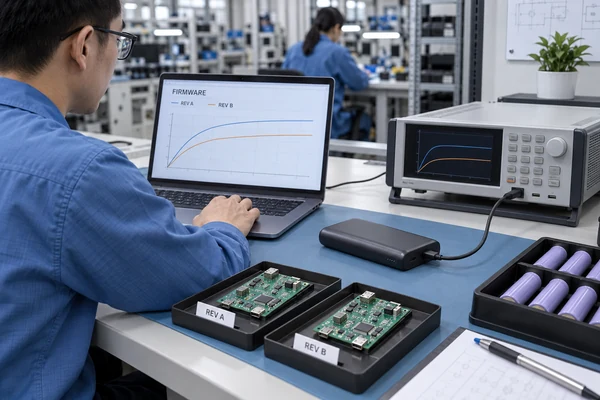 USB-C power bank undergoing firmware and PCBA change validation.