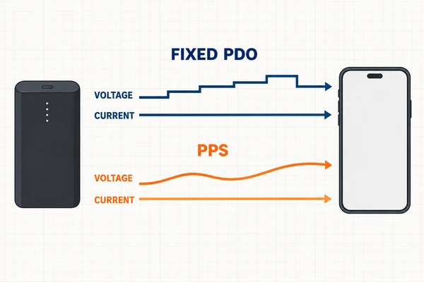 Technical comparison of fixed USB PD PDO voltage steps and adjustable PPS output from a power bank