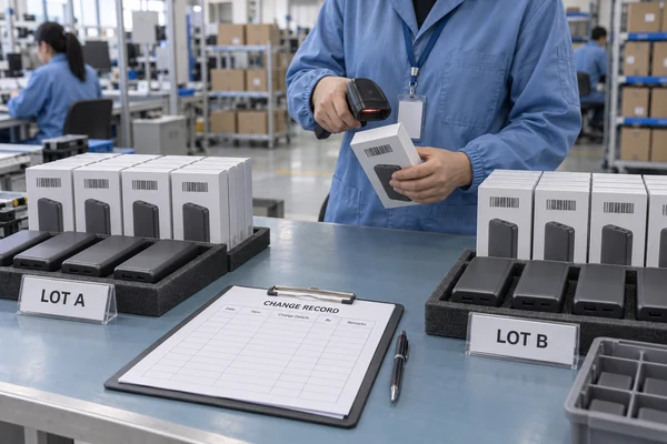 Inspector verifying separate power bank production lots during an approved changeover.