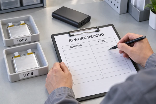 Technician reviewing a rework sheet beside two separately labeled power bank cell samples.