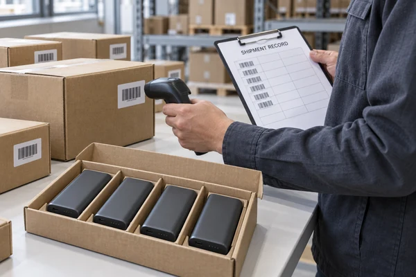 Warehouse reviewer comparing barcoded power bank cartons with a shipment record.