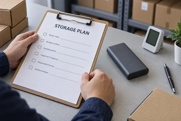 Hands reviewing a storage instruction sheet beside an enclosed power bank and an environmental monitor.