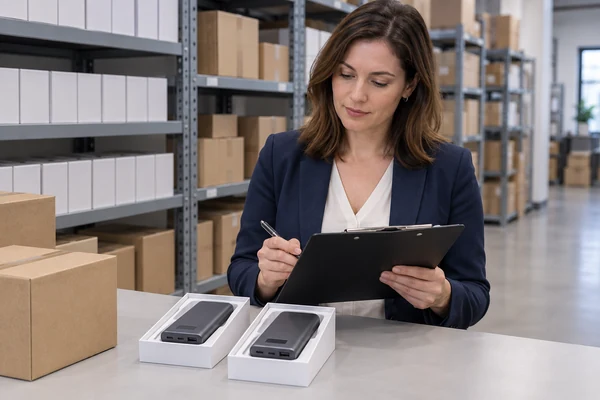Woman in a navy blazer reviewing boxed power banks and inventory records in a storage area.