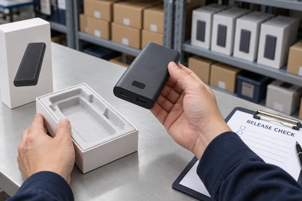 Inspector checking an intact power bank beside its packaging and a release checklist.