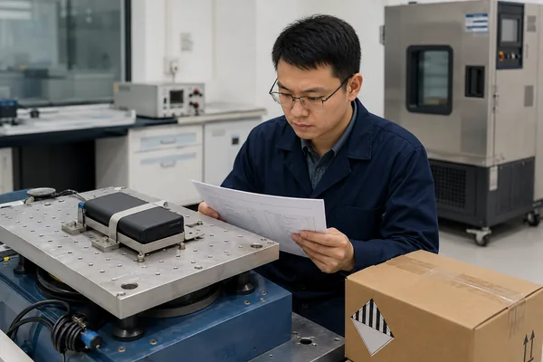 Chinese laboratory technician reviewing a power bank during UN 38.3 transport testing