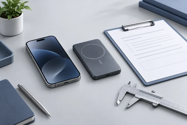 Unbranded magnetic power bank and smartphone beside a sample approval sheet