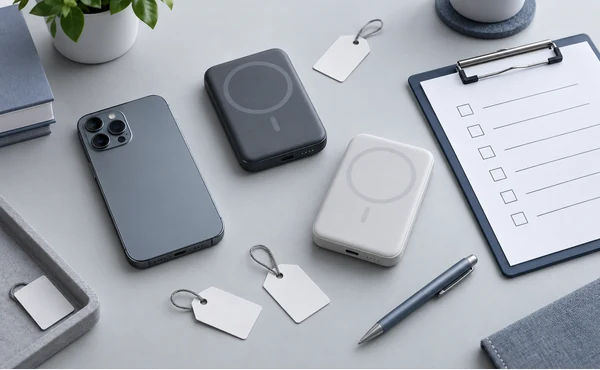 Two magnetic power bank samples beside a phone, blank identification tags and an approval checklist
