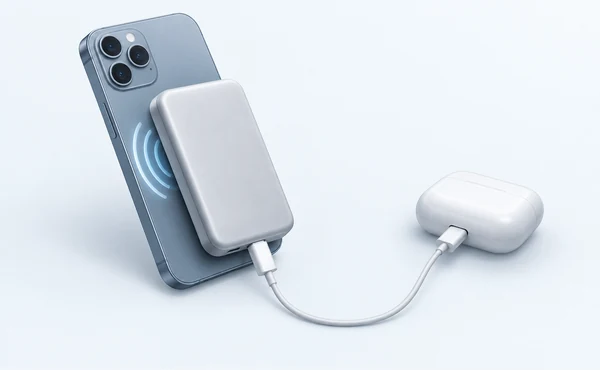 Magnetic power bank attached to a smartphone and connected by cable to an earbuds case