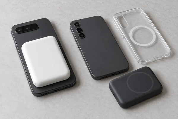 Concept Android-style phones, a magnetic case and wireless power banks arranged for phone-and-case fit comparison.