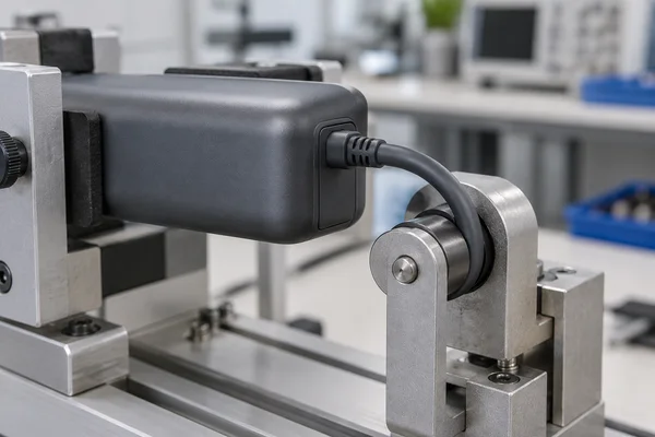 Built-in power bank cable guided through a bend-test fixture near the housing exit