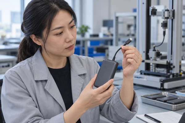 Quality engineer inspecting the built-in USB-C cable and strain relief of a power bank