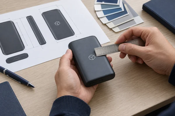 Close-up of a decorated power bank sample being checked against artwork and color swatches