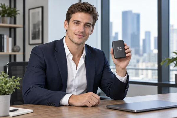 Young businessman holding a custom logo power bank in a modern office