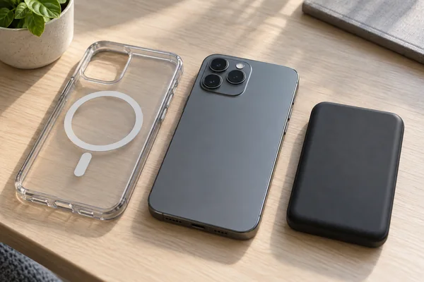 Unbranded magnetic-ring phone case, smartphone camera area and compact power bank arranged separately for a physical fit comparison.